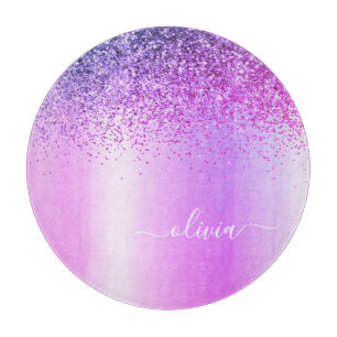 Monogram Script Paars Black Glitter Girly Name Snijplank
