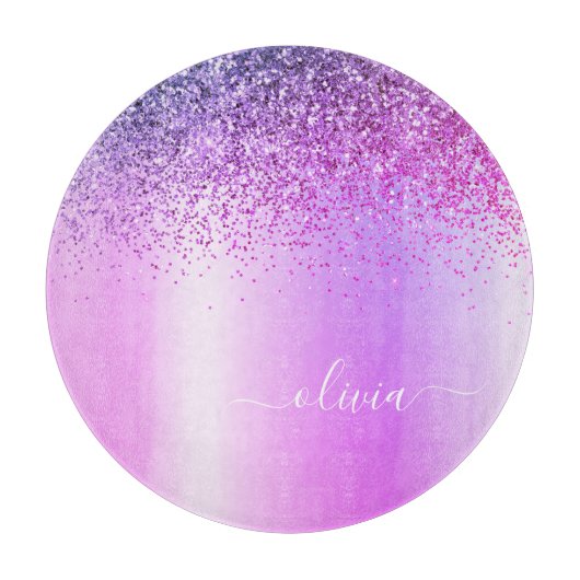 Monogram Script Paars Black Glitter Girly Name Snijplank (Voorkant)
