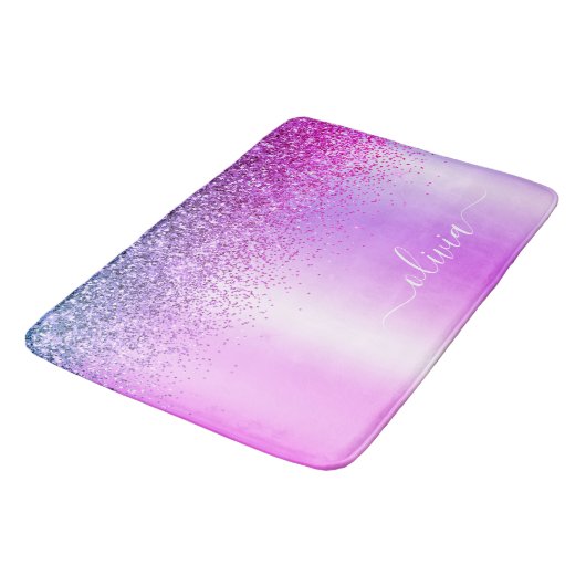 Monogram Script Paars Glitter Girly Name Badmat (Gekanteld)