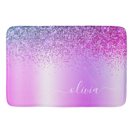 Monogram Script Paars Glitter Girly Name Badmat (Voorkant)