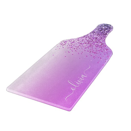 Monogram Script Paars Glitter Girly Name Snijplank (Hoek)