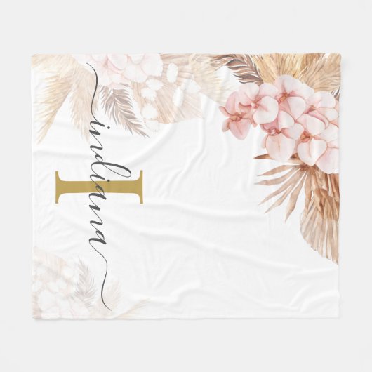 Monogram Script Pampas Grass Name Initiaal Palms Fleece Deken (Voorkant (Horizontaal))