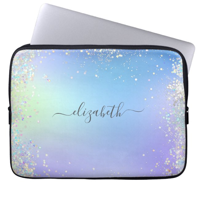 Monogram Script Rainbow Glitter Blue Paars Laptop Sleeve (Voorkant)