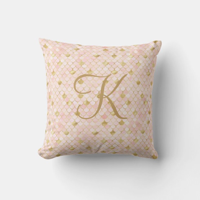 Monogram Script Roze Goud Zeemeermin Schubben Kussen (Voorkant)