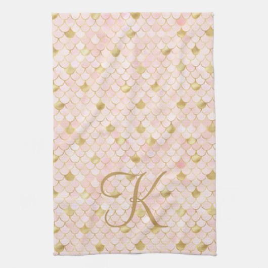 Monogram Script Roze Goud Zeemeerminenschubben Theedoek (Verticaal)