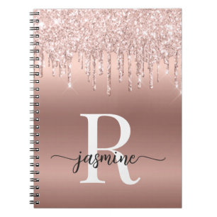 Monogram Script Roze Gouden Metaal Glitter Drips Notitieboek