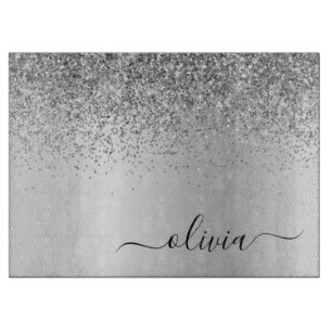 Monogram Script Silver Black Glitter Girly Name Snijplank