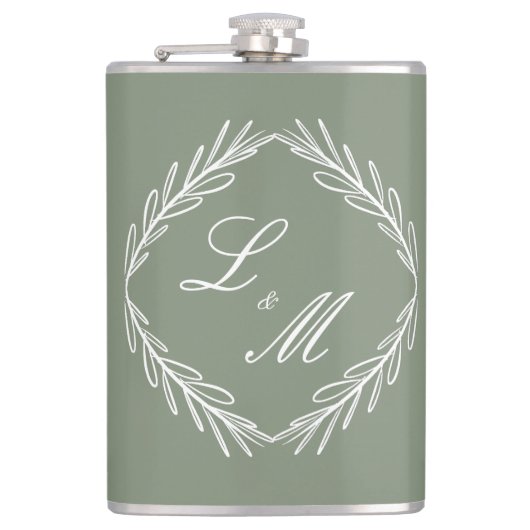 Monogram Script Tak Groene Huwelijkstak Heupfles (Voorkant)