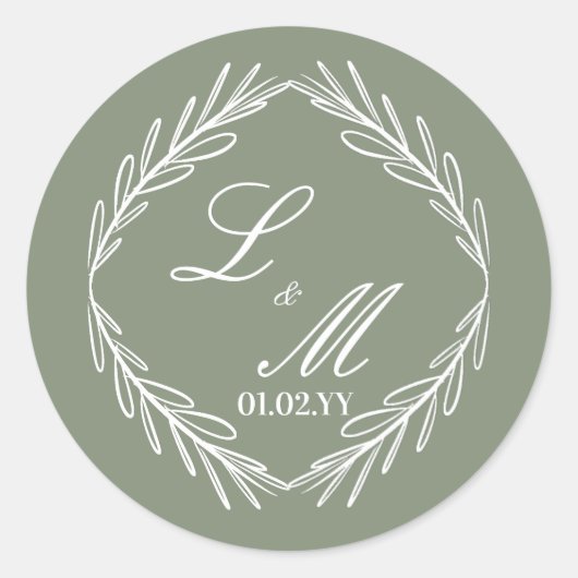 Monogram Script Tak Groene Huwelijkstak Ronde Sticker (Voorkant)