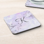 Monogram Script White Grey Paars Floral Bier Onderzetter (Linkerzijde)