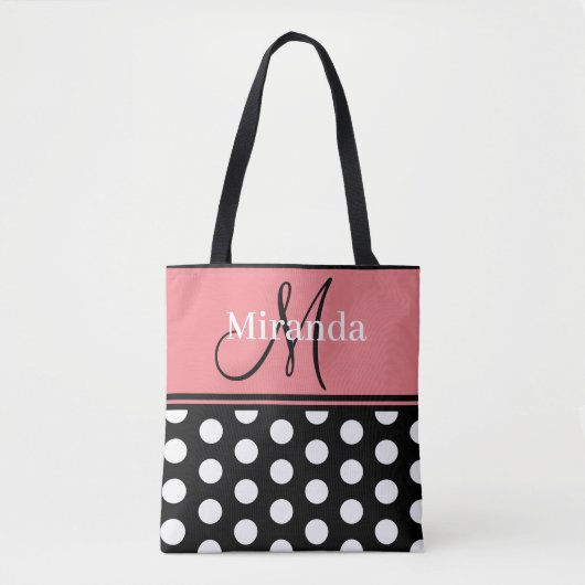 Monogram Script Zwart Roze Wit Polka Dots Draagtas (Voorkant)