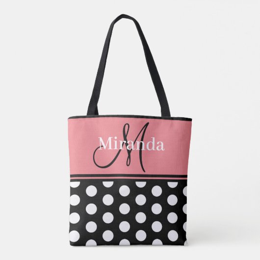 Monogram Script Zwart Roze Wit Polka Dots Draagtas (Achterkant)