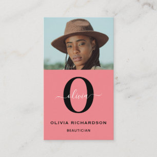 Monogram scriptnaam zwart wit roze taak Verticaal Visitekaartje