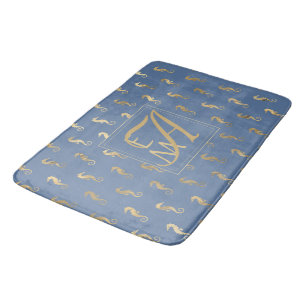 Monogram Seahorses Decor Gold Blue Badkamer Badmat