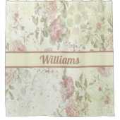 Monogram Shabby Chic Pink Green Roos Floral Douchegordijn (Voorkant)