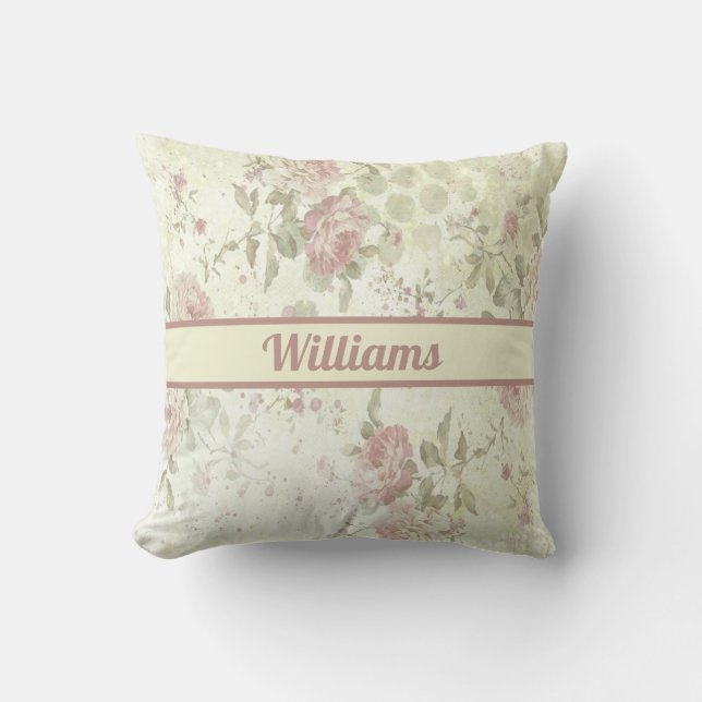 Monogram Shabby Chic Pink Green Roos Floral Kussen (Voorkant)