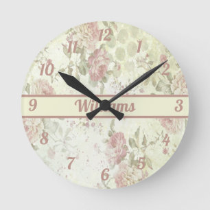 Monogram Shabby Chic Pink Green Roos Floral Ronde Klok