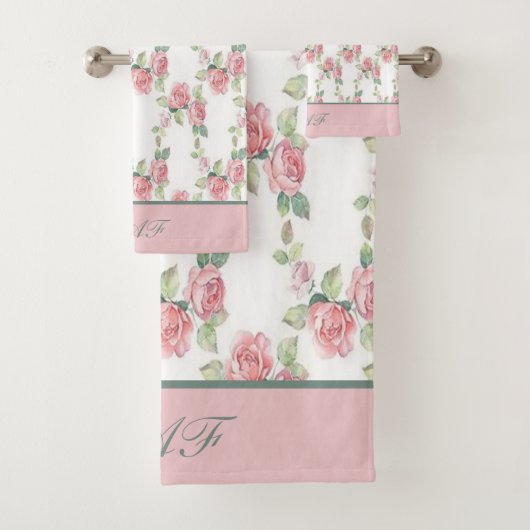 Monogram Shabby Chic Pink Rose Floral Bad Handdoek (Insitu)