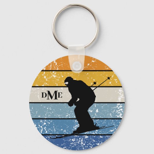 Monogram Silhouette Snow Skier Retro Stripe Sleutelhanger (Voorkant)