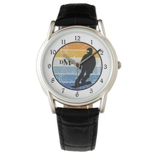 Monogram Silhouette Snowboarder Retro Horloge (Voorkant)