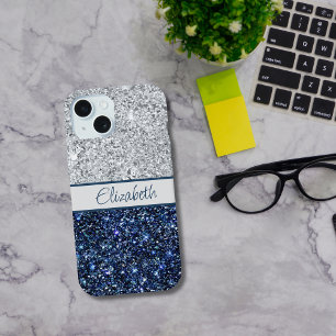 Monogram Silver Dark Blue Glitter Trendy Chic iPhone 15 Hoesje
