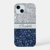 Monogram Silver Dark Blue Glitter Trendy Chic iPhone 15 Hoesje (Achterkant)