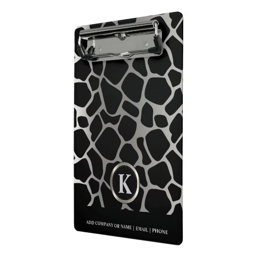 Monogram Silver en Black Giraffe Pattern Mini Klembord (Angled2)
