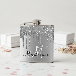 Monogram Silver Glitter Drijft Girly Sparkle Heupfles