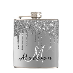 Monogram Silver Glitter Drijft Girly Sparkle Heupfles