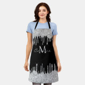 Monogram Silver Glitter Drip Chique Zwart Naam Sch Schort (Gedragen)