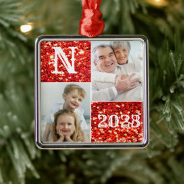 Monogram Silver Glitter Foto Kerstmis Metalen Ornament