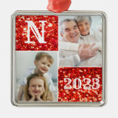 Monogram Silver Glitter Foto Kerstmis Metalen Ornament (Voorkant)