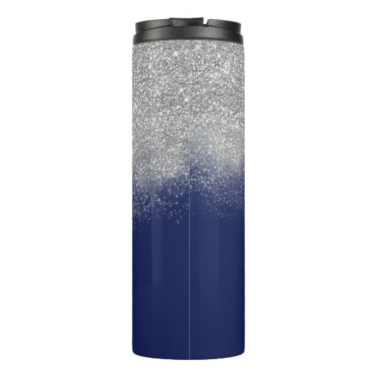 Monogram Silver Glitter Sparkles Navy Blue Custom Thermosbeker (Achterkant)