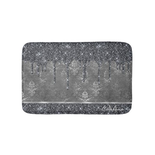 Monogram Silver Metallic Black Glitter Grey Damask Badmat (Voorkant)