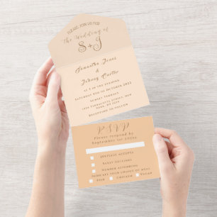 Monogram Simple Champagne Dusty roos Wedding All In One Uitnodiging