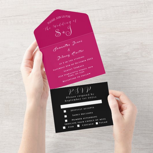 Monogram Simple Magenta Fuchsia Black Weddenschap All In One Uitnodiging (Afscheurbaar)