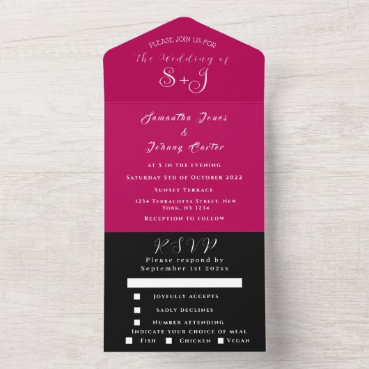 Monogram Simple Magenta Fuchsia Black Weddenschap All In One Uitnodiging (Binnen)