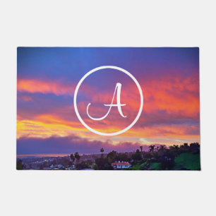 Monogram Sinaasappel Blauw Geel Zonsondergang Kust Deurmat