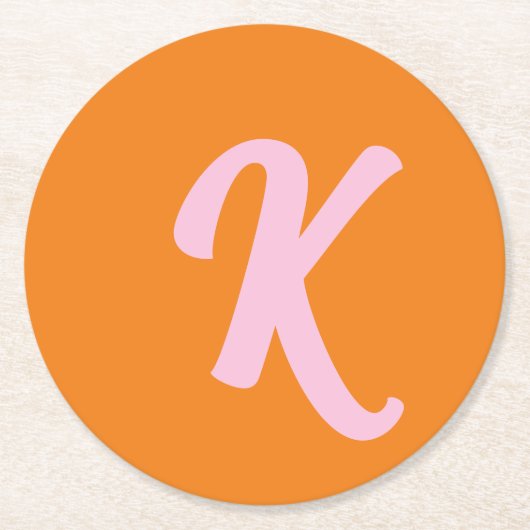 Monogram sinaasappel en roze ronde kartonnen onderzetter (Voorkant)
