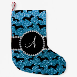 Monogram sky blue glitter dachshund kleine kerstsok