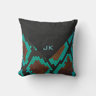 Monogram slang bruin en turkoois print kussen