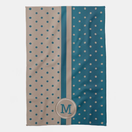 Monogram Slate Blue en Tan Polka Dot Theedoek (Verticaal)