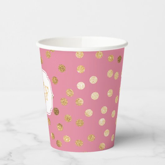 Monogram Snoep Roze Glitter Dot Patroon Papieren Bekers (Links)