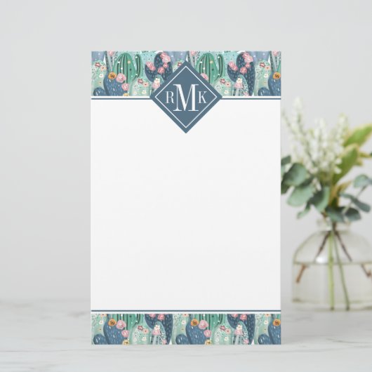 Monogram | Soft Patel Cactus Pattern Briefpapier (Staand voorkant)
