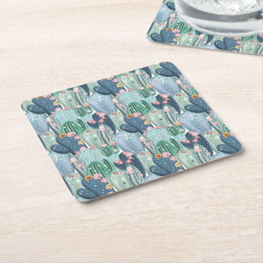Monogram | Soft Patel Cactus Pattern Vierkante Kartonnen Onderzetter (Schuin)