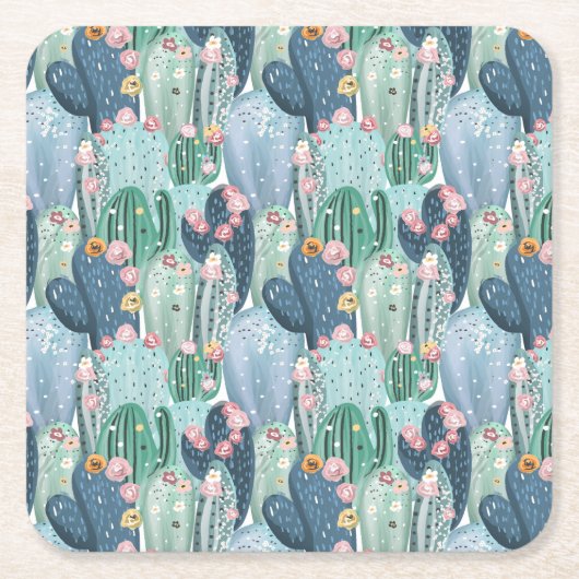Monogram | Soft Patel Cactus Pattern Vierkante Kartonnen Onderzetter (Voorkant)