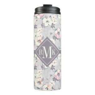 Monogram   Soft roze Waterverf Patroon Thermosbeker