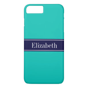 Monogram Solid Blauwgroen, Navy Blue Ribbon Name iPhone 8 Plus / 7 Plus Hoesje