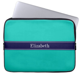 Monogram Solid Blauwgroen, Navy Blue Ribbon Name Laptop Sleeve