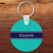 Monogram Solid Blauwgroen, Navy Blue Ribbon Name Sleutelhanger (Voorkant)
